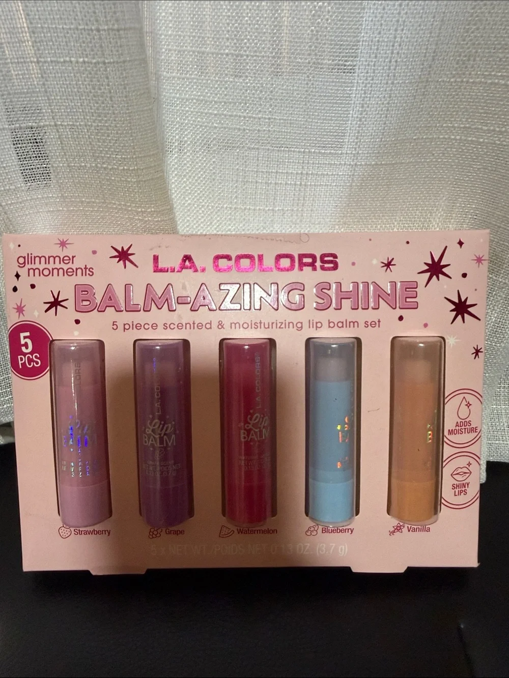 L.A. Colors Balm-Azing Shine 5-Pack Lip Balm Set - Pink, Purple, Red, Blue, Tan